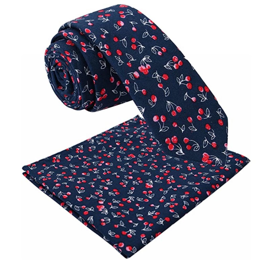 Mens Cotton Skinny Necktie & Pocket Square Set